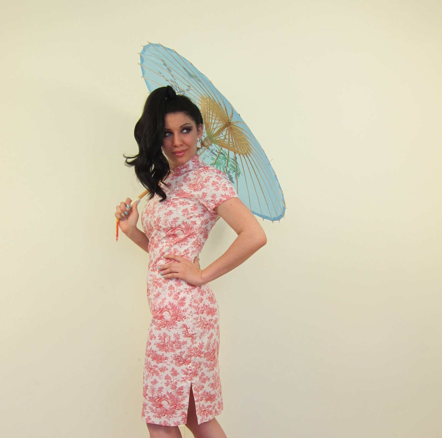 Vintage Wiggle Dress Cheongsam in Pink French Toile Print, XS