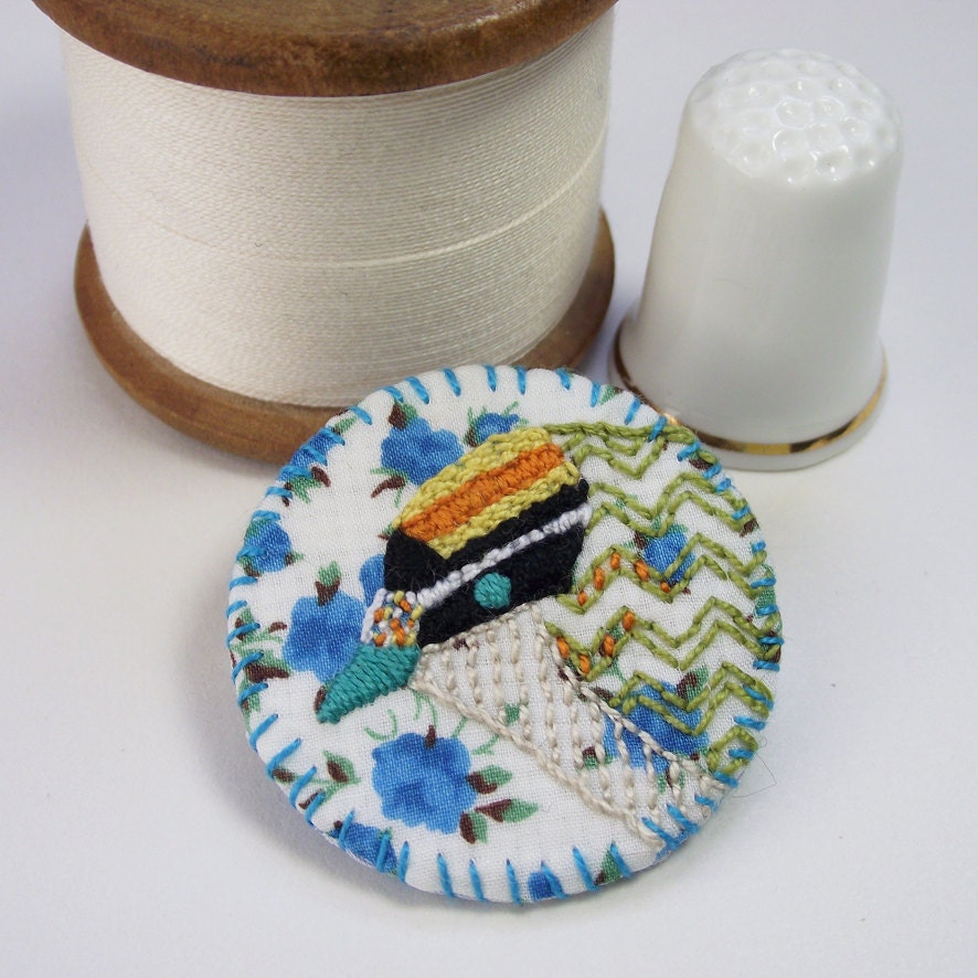 Firecrest Birdseeker Liberty Print Brooch. Pin.