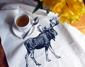 Original Handmade Drawing and Screen Print of a Moose on a Tea Towel for Kitchen, Garden and Studio