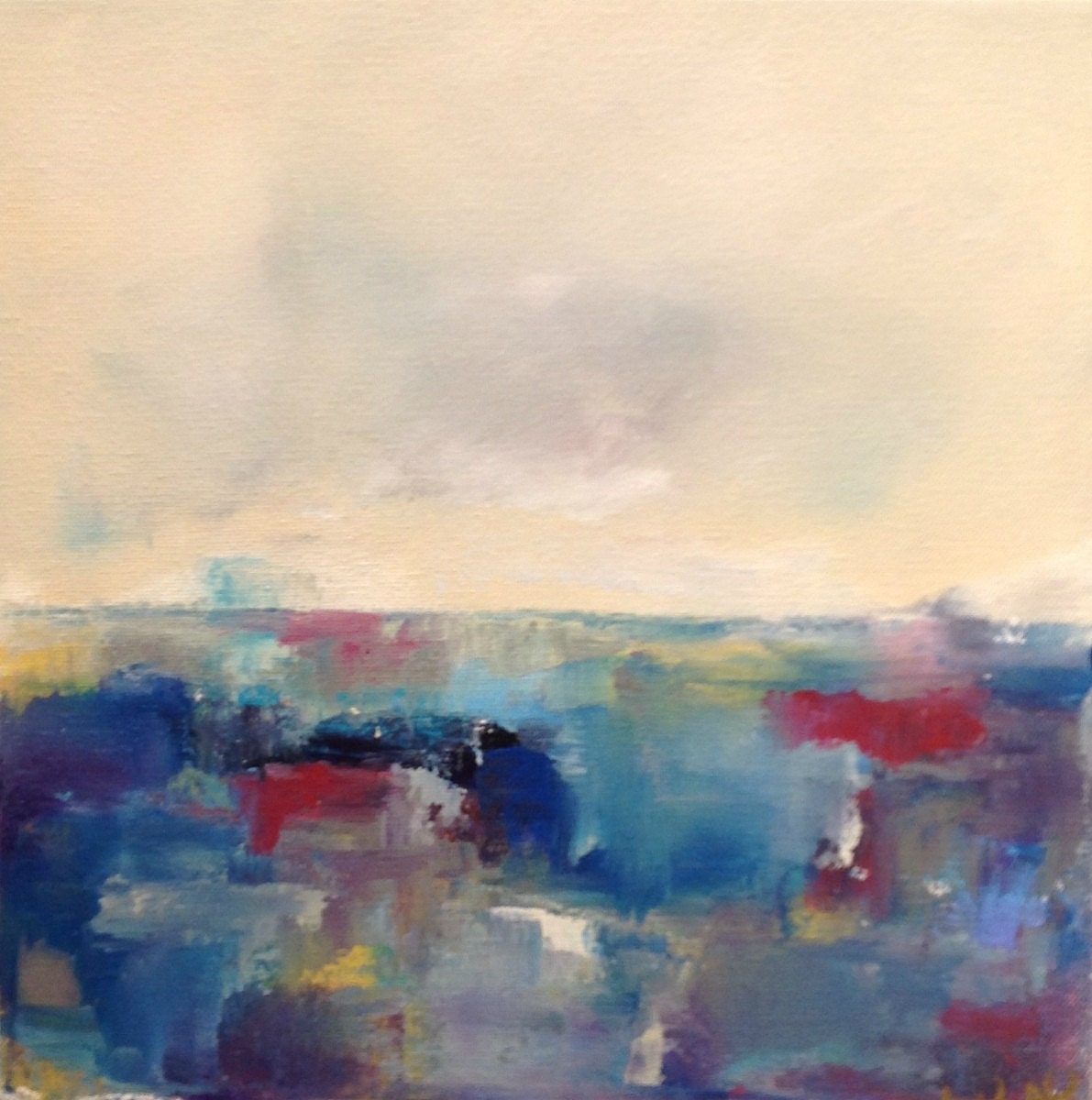 Landscape Abstract Acrylic on Canvas Painting - Patchwork Blue Red 12 x 12