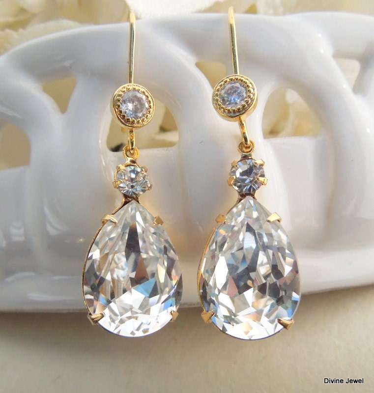 Bridal Earrings,Gold Rhinestone Earrings, Gold Bridal Earrings, Swarovski Crystal,Pear Shape,Statement Bridal Earrings,Crystal Earrings,ARIA