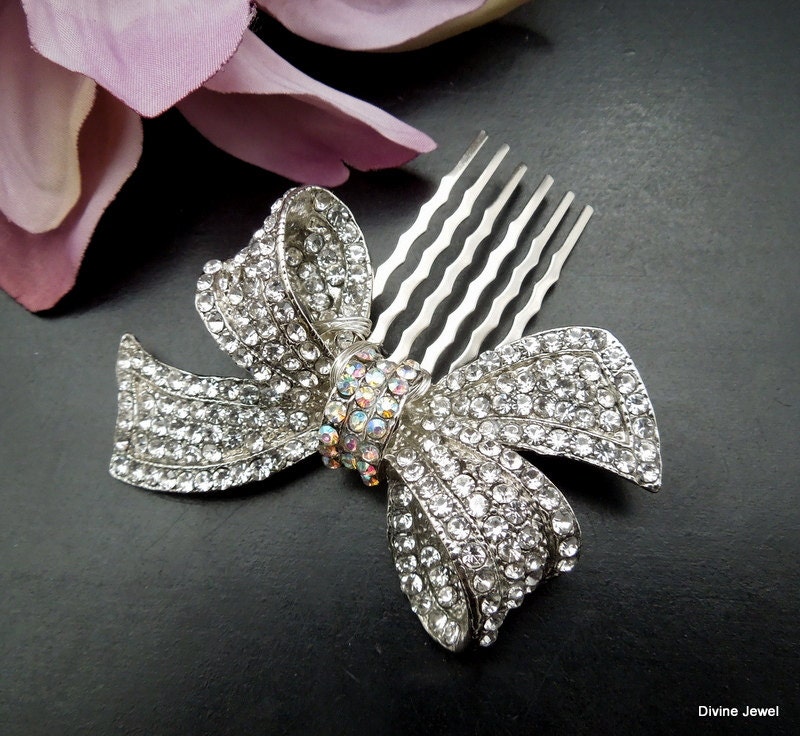 Rhinestones Bow Brooch,Statement Hair Comb,Weddding Hair Comb, Bridal Rhinestone Hair Comb,Vintage Wedding Jewelry,Bow Hair Comb,  ANASTASIA