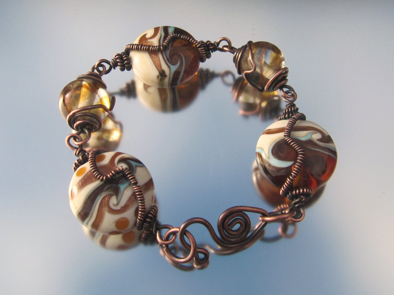 Handmade Lampwork Glass  Bracelet Copper, amber, topaz and gold - Honey