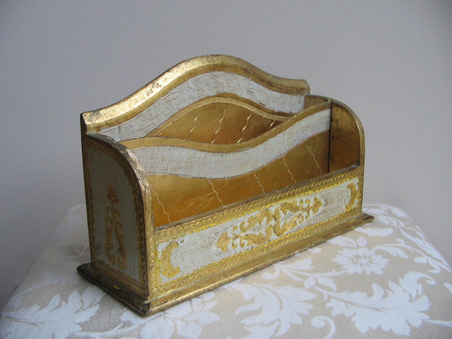 Vintage Florentine Wood Letter Holder Box Desk Caddy Italy, Gold Gilt Cream, Paris Apartment, Hollywood Regency