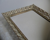 Vintage Vanity Tray Mirror Gold Whitewashed Metal Filigree Embossed Footed Tabletop Mirror, Hollywood Regency Paris Apartment