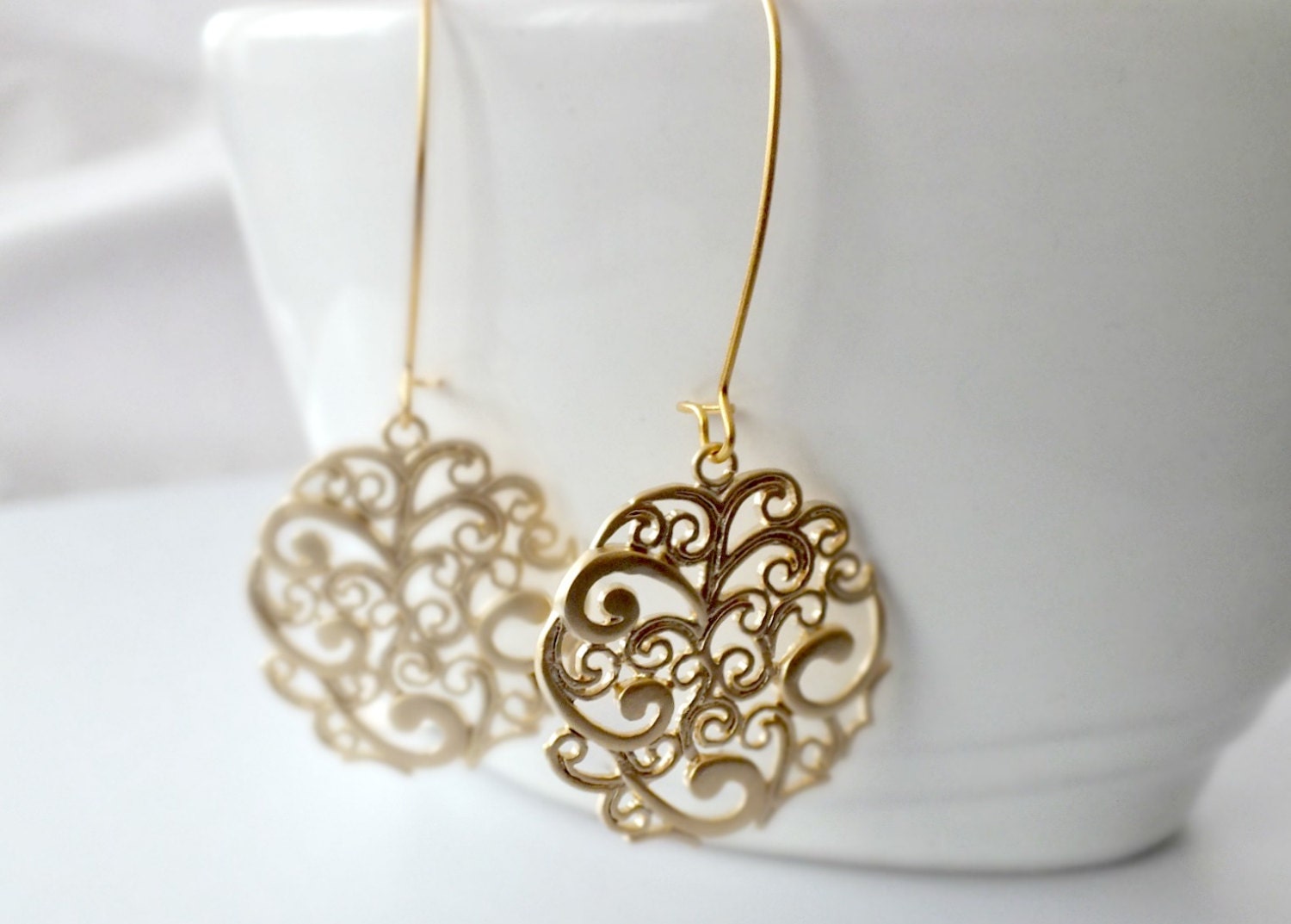 Gold Filigree Earrings, Boho-Chic Gold Filigree Earrings, Gold Flower Round Medallion Chandelier Earrings with Kidney Dangle