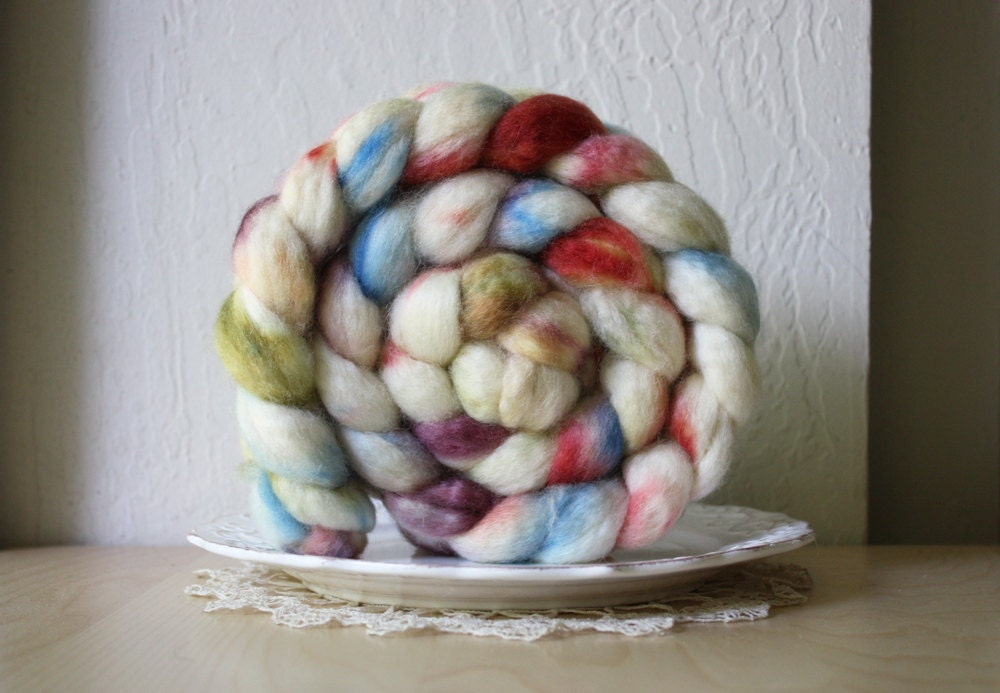 Hand Dyed Top Roving / Persimmon White Blue Moss / "Ionia" / Superwash BFL Wool 3.9 oz / NEW
