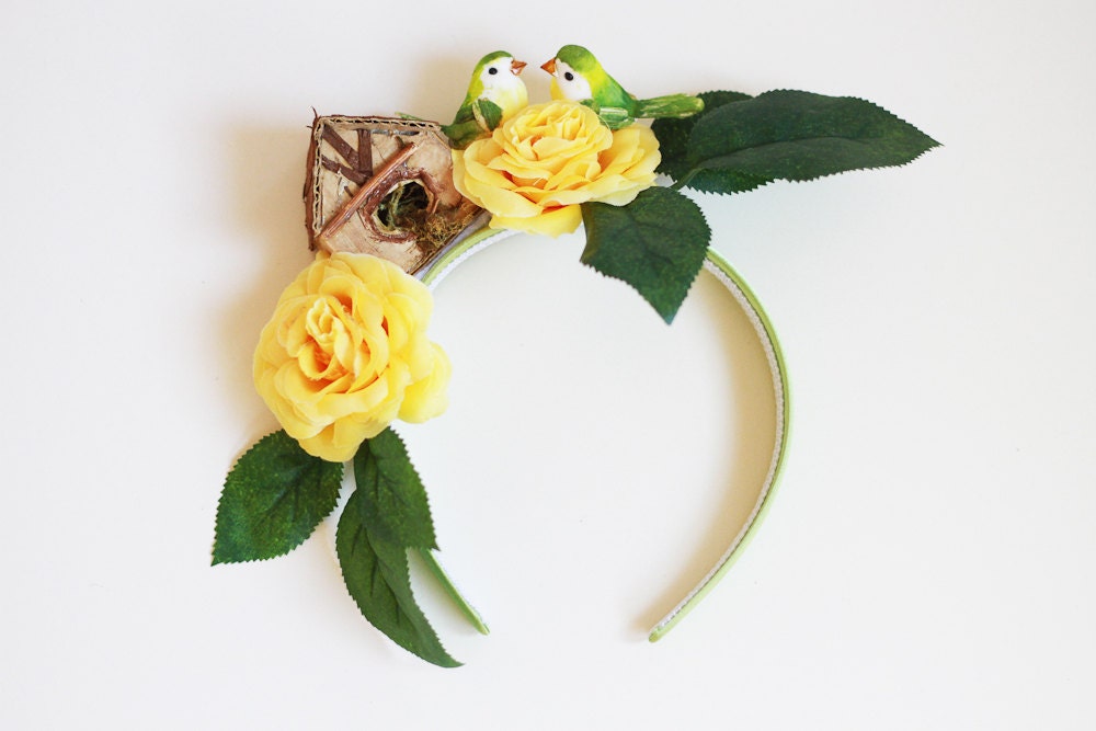 nature inspired love birds headband  // yellow wedding headpiece, quirky hair accessory, flower crown, scenery headband, bridal, spring.