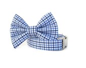 Bow Tie Dog Collar - Blue Gingham - Nickel Hardware