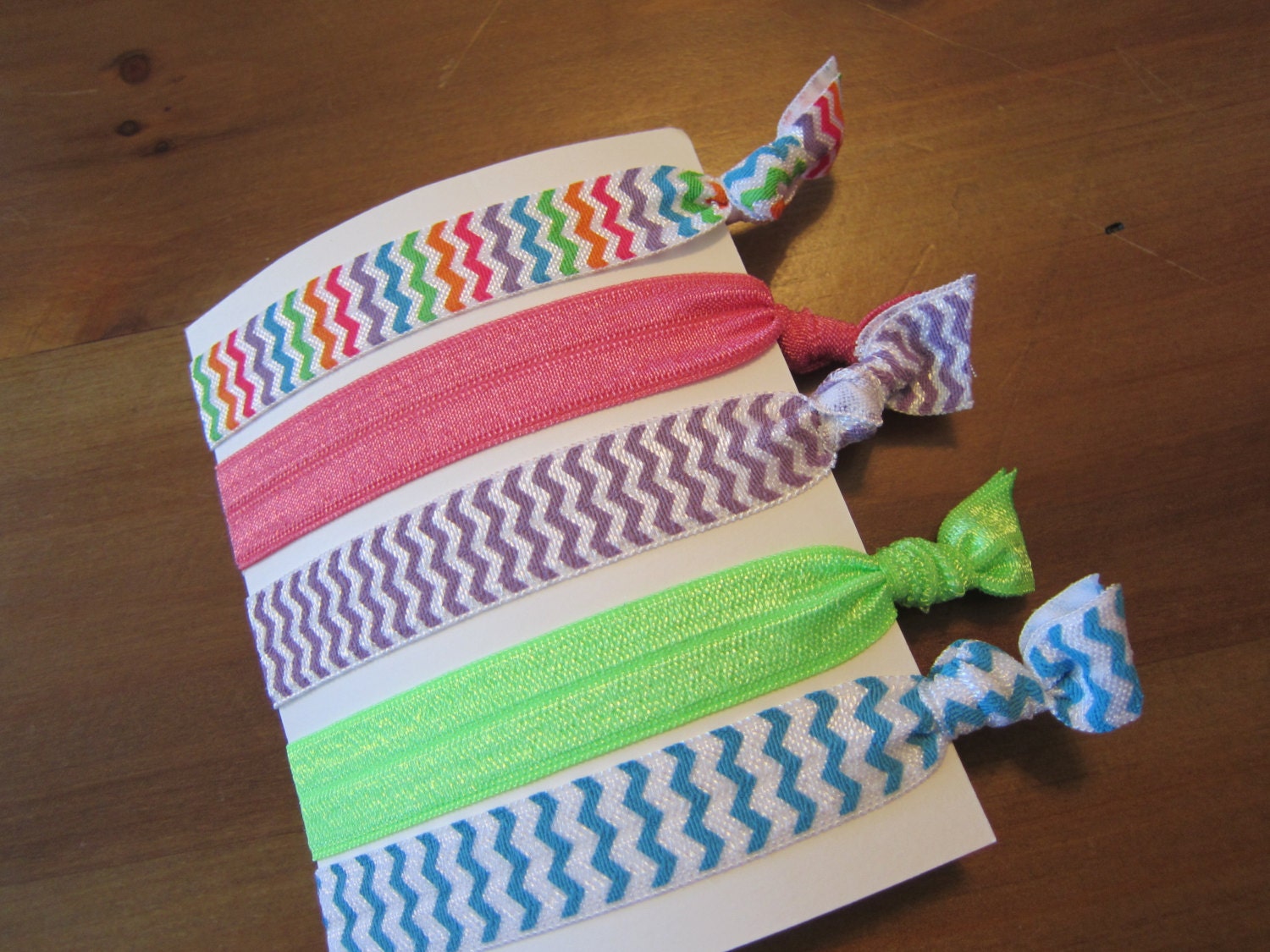Set of Five (5) Soft Elastic Ponytail Holders Hairties Rainbow Chevron, Purple Chevron, Turquoise Chevron, Solid Pink and Solid Lime Green