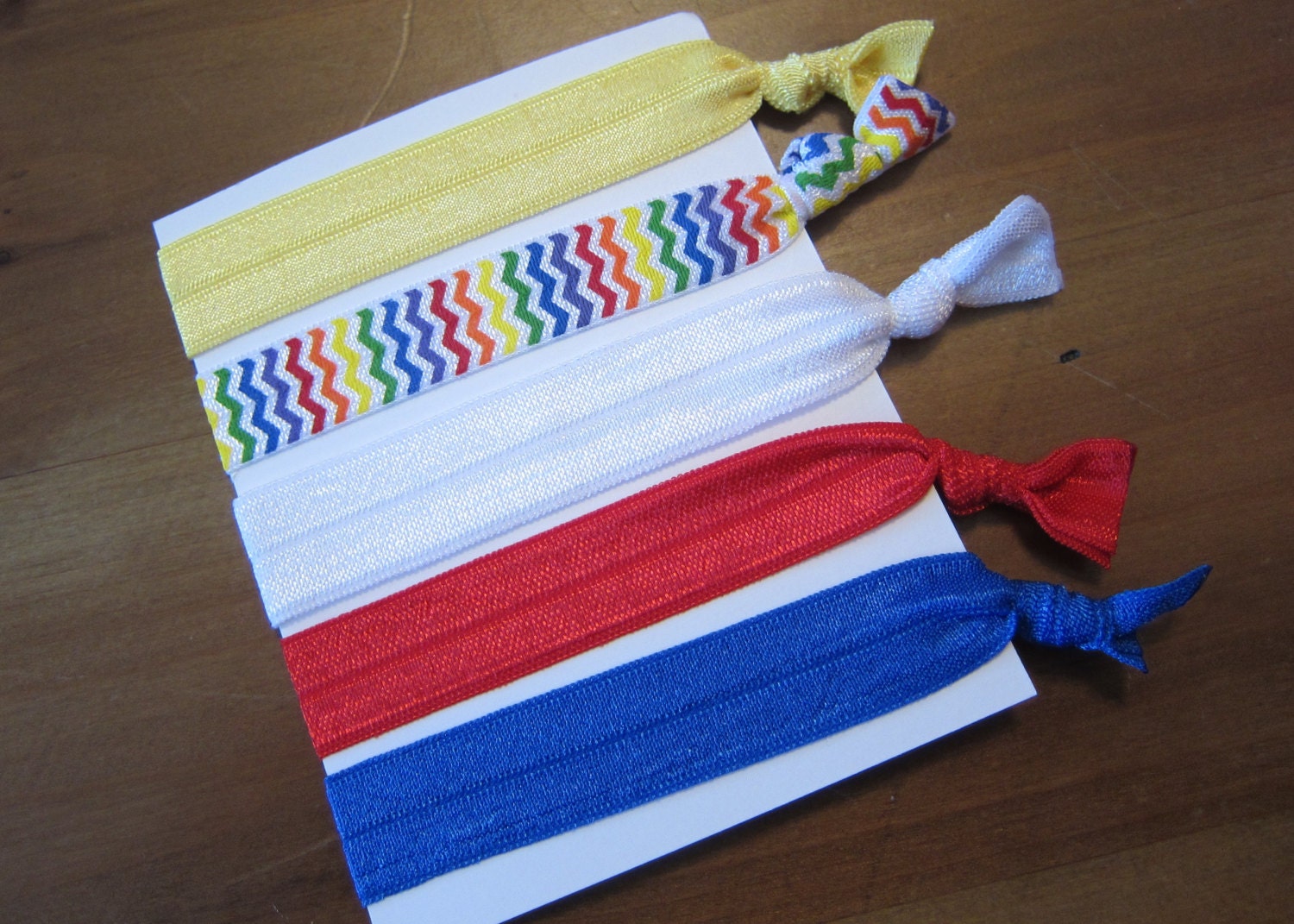 Set of Five (5) Snow White Themed Soft Elastic Ponytail Holders Hairties Rainbow Chevron Solid Blue Solid Red Solid Yellow and Solid White