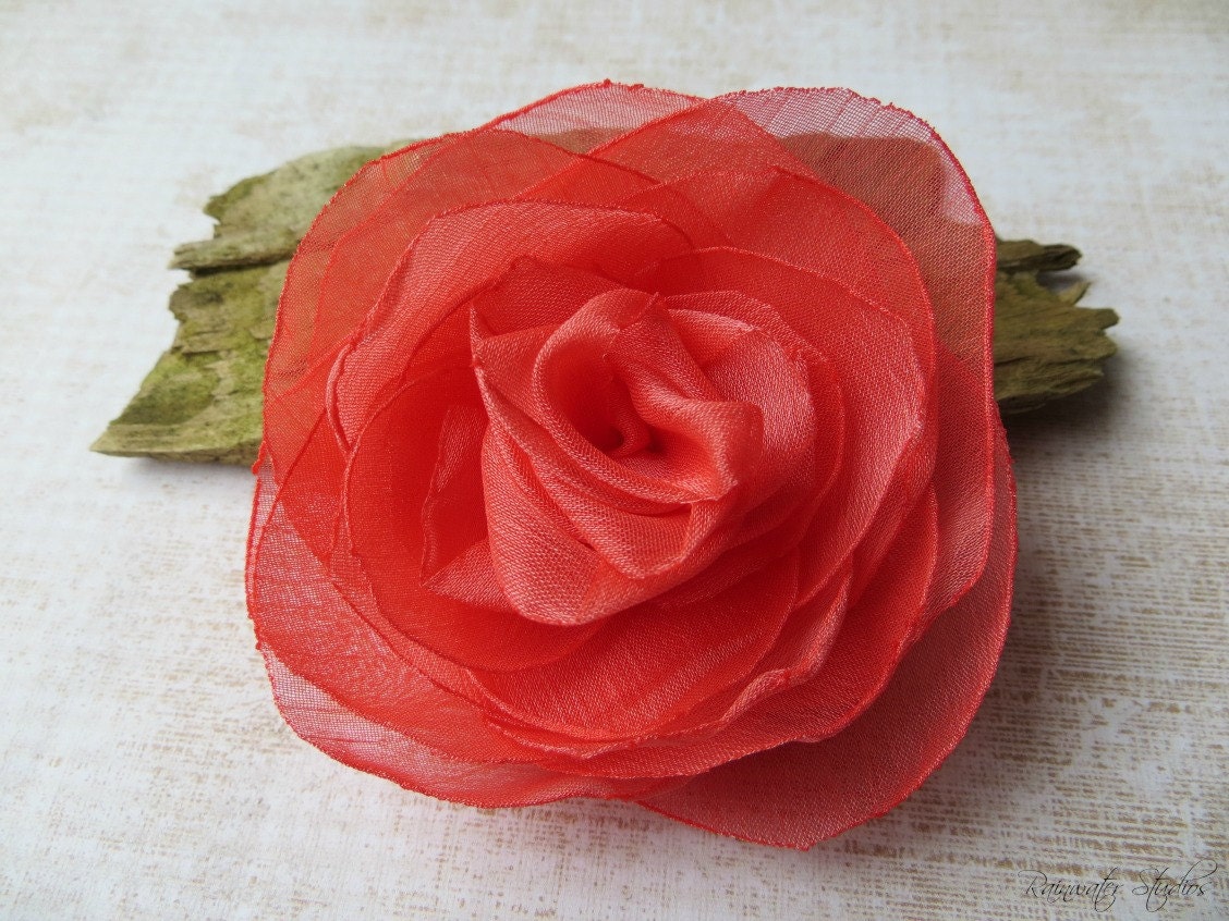 Wedding Hair Flower - Coral Chiffon Rose Hair Flower, David Tutera Fabric, Bridal Accessory, Made To Order