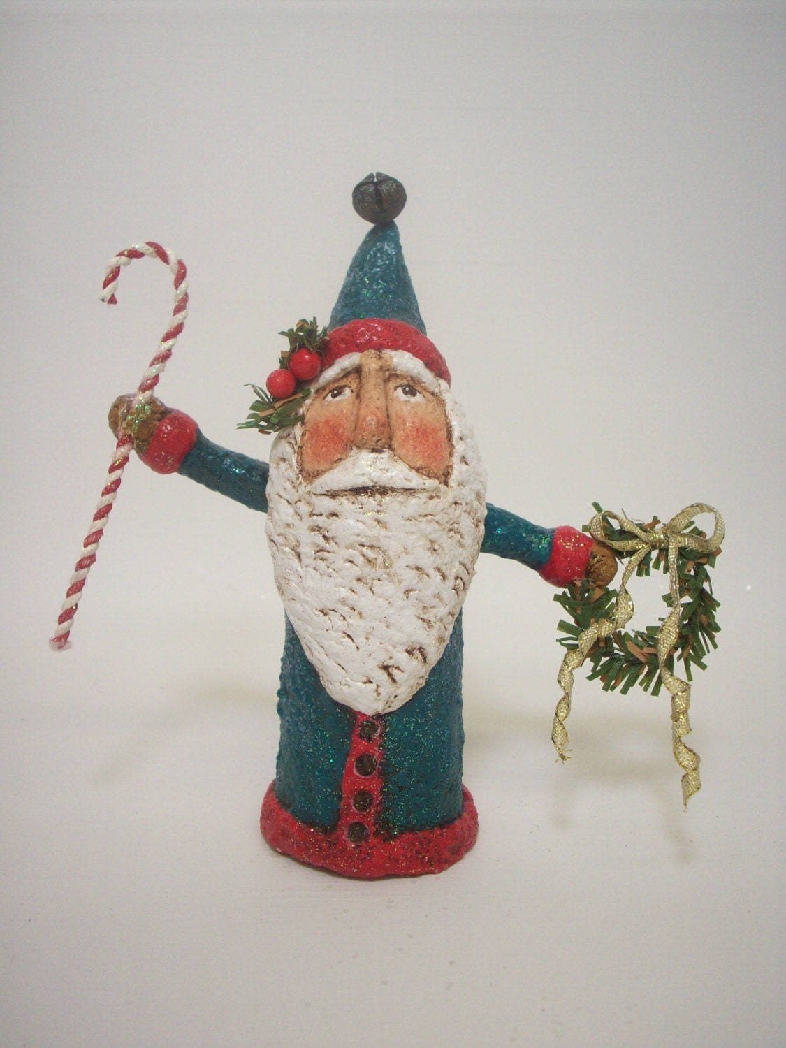 Blue Primitive Paper Mache Folk Art Santa