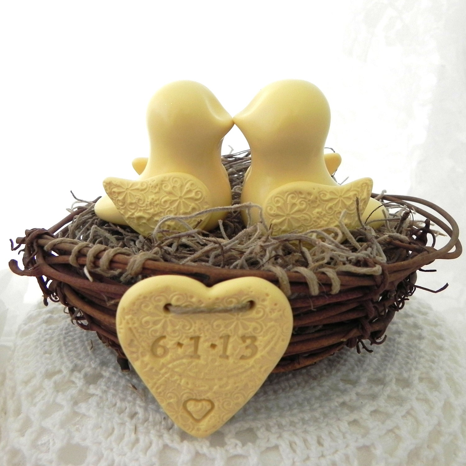 Rustic Wedding Cake Topper - Buttercup Yellow Love Birds in Nest - Personalized Heart - Bride and Groom - Simple and Elegant