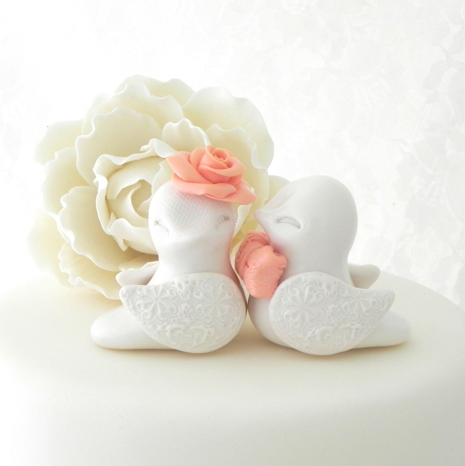 Love Birds Wedding Cake Topper, Ivory and Peach, Bride and Groom Keepsake, Fully Customizable
