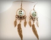 Boho Skull Earrings Bohemian Turquoise Earrings Day Of The Dead Skull Earrings Bronze Feather Earrings Sugar Skull Earrings