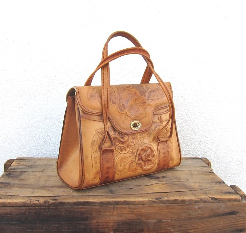 Vintage Small Tooled Tan Leather Leather Handbag