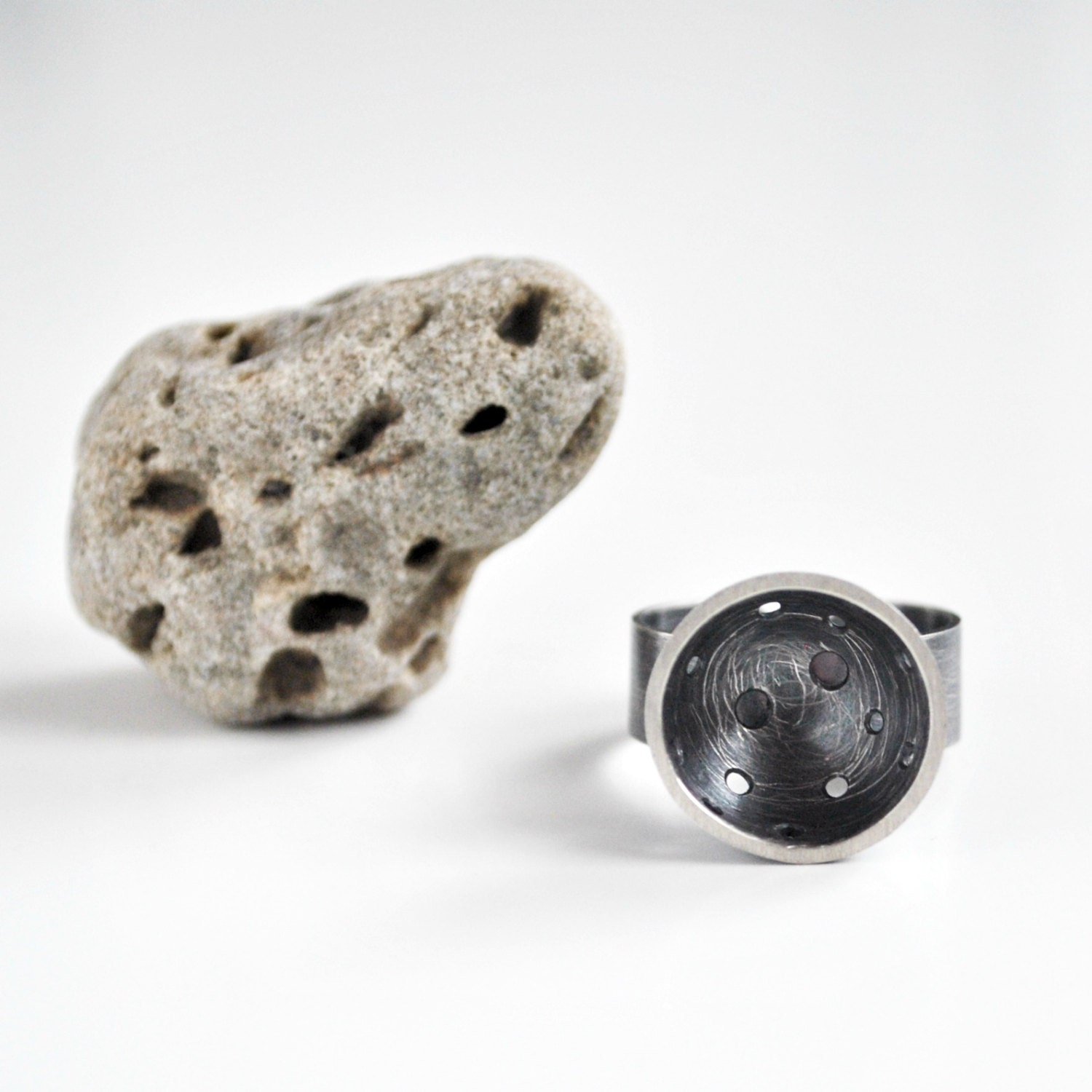 Crater Ring in Sterling Silver with Adjustable Band - Unisex Statement Ring