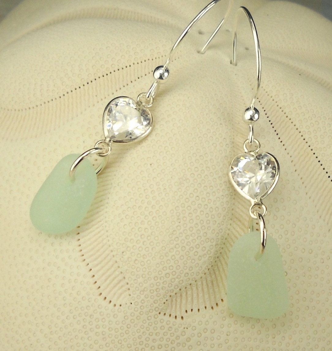 Aqua Sea Glass Earrings Cubic Zirconia Hearts Sterling Silver