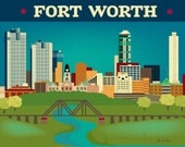 Fort Worth Skyline and Trinity River - Southern City Wall Art and Gift print for Child's room, home, and office.  E8-O-FOR