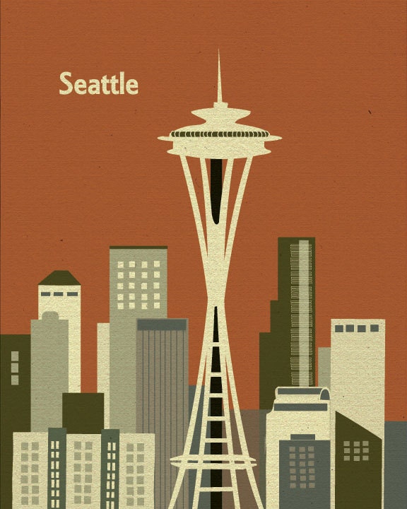 Seattle, Washington Skyline ( style E8-O-SE1 orange, style E8-O-SE2 teal) - Wall Art Poster Print Gift