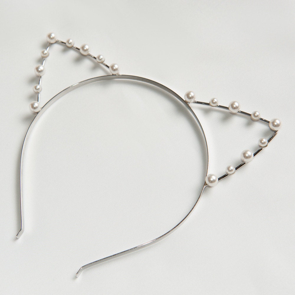 Cute Steel Silver Metal Kitty Cat Ear Headband Hairband decorated with Rhinestone / Pearl