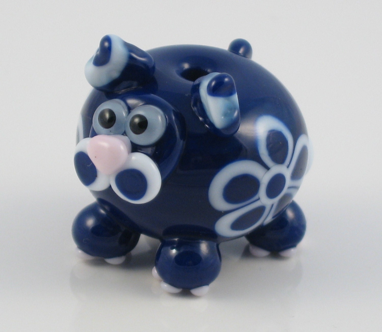 Blue White Floral Fat Cat Kitten Lampwork Glass Homemade SRA Bead NLC Beads leteam