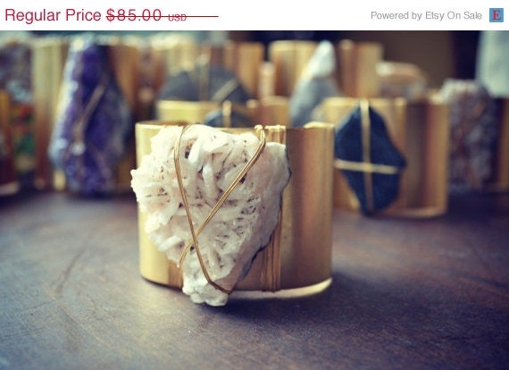 MEMORIAL DAY SALE Lux Bohemian 2 Inch Gold Plated Natural Raw Stilbite Wire Wrapped Gemstone Cuff