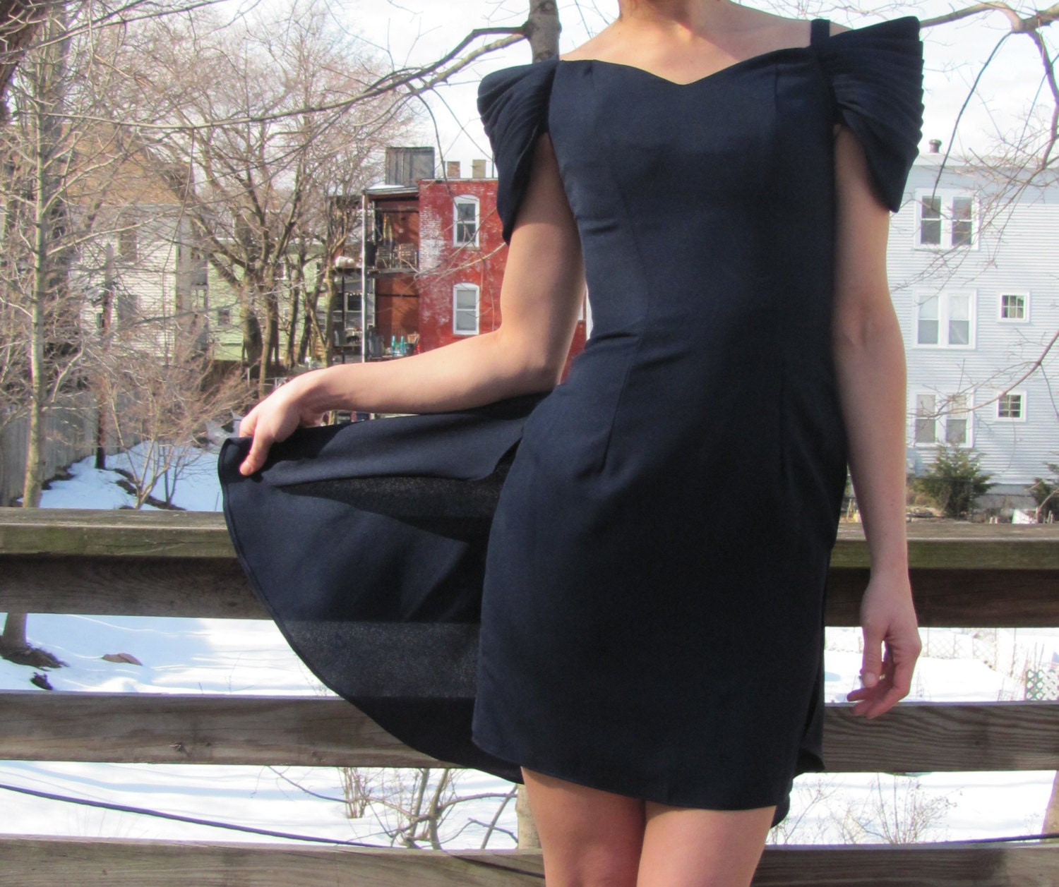 Midnight Blue Formal Mini Dress with Off the Shoulder Structured Sleeves and Mullet Bustle