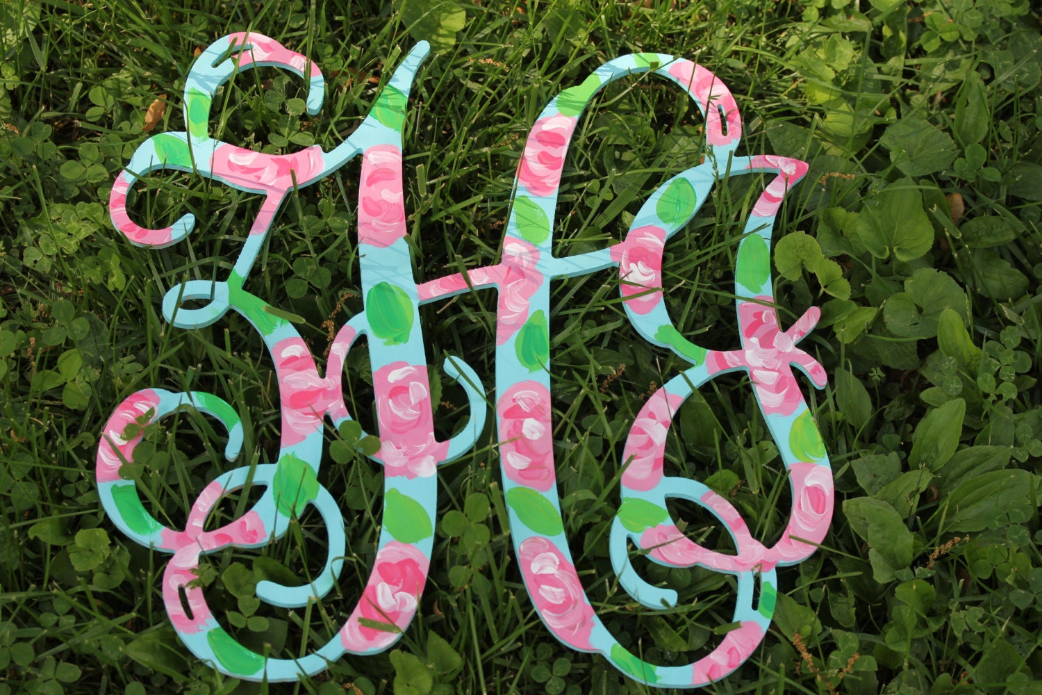 Hand Painted Lilly inspired 18" Wood cut script monogram