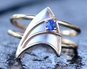 14K Yellow and White Gold Engagement Ring with Blue Sapphire Star Trek Insignia Inspired  Made To Order