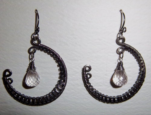 Oxidized silver wire wrapped cresent moon earring with quartz crystals