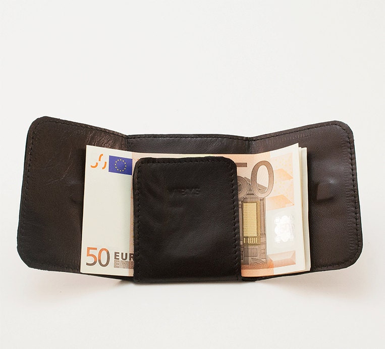 Mens tri-fold leather wallet / money clip from dark brown leather