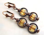 Copper and Amber Earrings with Circle Saturn Rings and Picasso Czech glass beads - Modern Victorian Steampunk Earrings