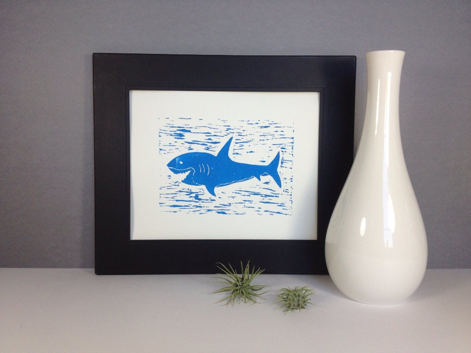Shark Week Nautical Shark for a Child's Room Art Linocut PRINT - Turquoise Blue Shark linocut 8x10