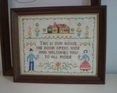 Vintage Framed Cross Stitch Motto Sampler This is Our House...