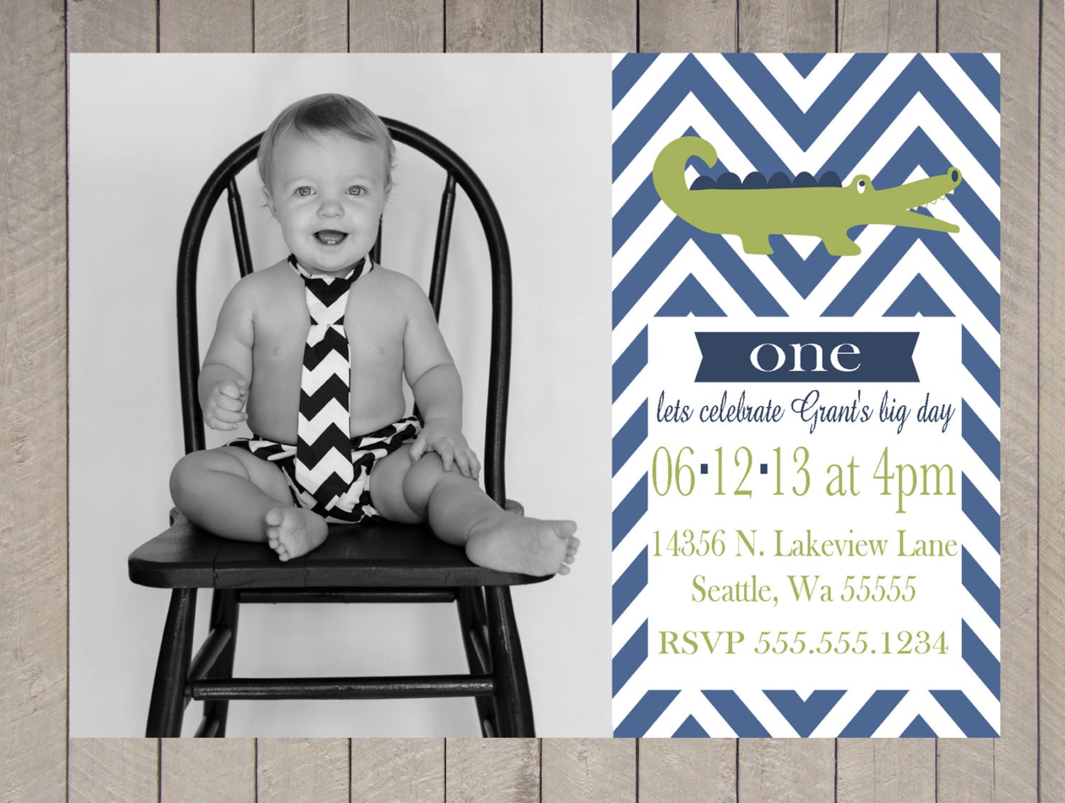 Boys First Birthday Photo Invitation Navy Green Blue Alligator Chevron