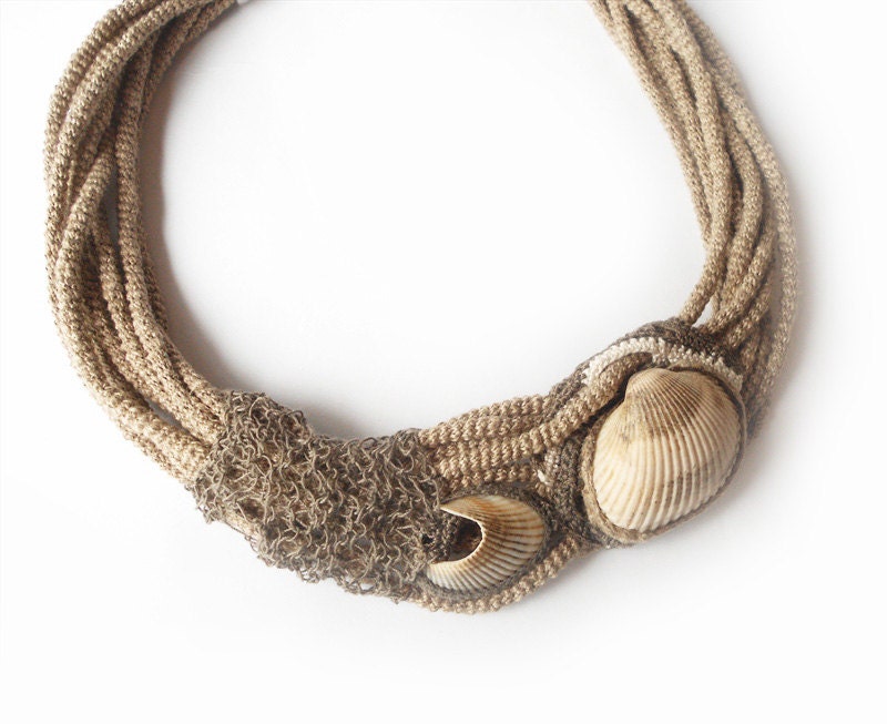 Unique Linen Necklace - Intricate Crochet Tubes - Natural Hemp and Seashells - Multistrand