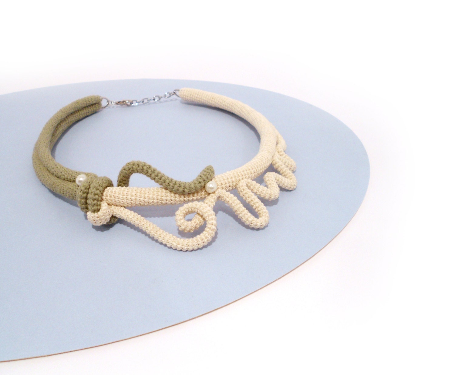 Choker Necklace, Yin-Yang Fantasy Style, Crochet  Wearable Art, Army Green-Ivory