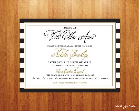 French Inspired Baby Shower Invitation - Stripes - Bebe - 5x7 JPEG Printable DIY File Il_570xn