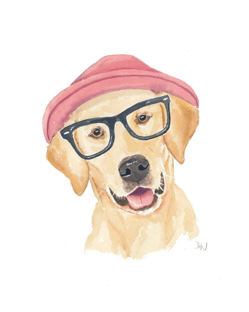 Original Watercolor Yellow Lab - Golden Lab Painting, Hipster Glasses, 8x10 Original Painting