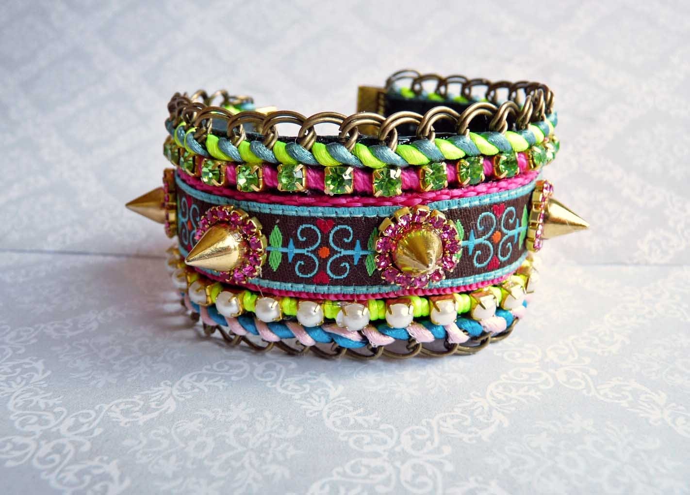 bavariapunk   folk festival studs spikes layered cuff bracelet size  S/M