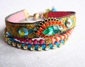 folk  festival multistrand layered bracelet green pink coral  size S/M