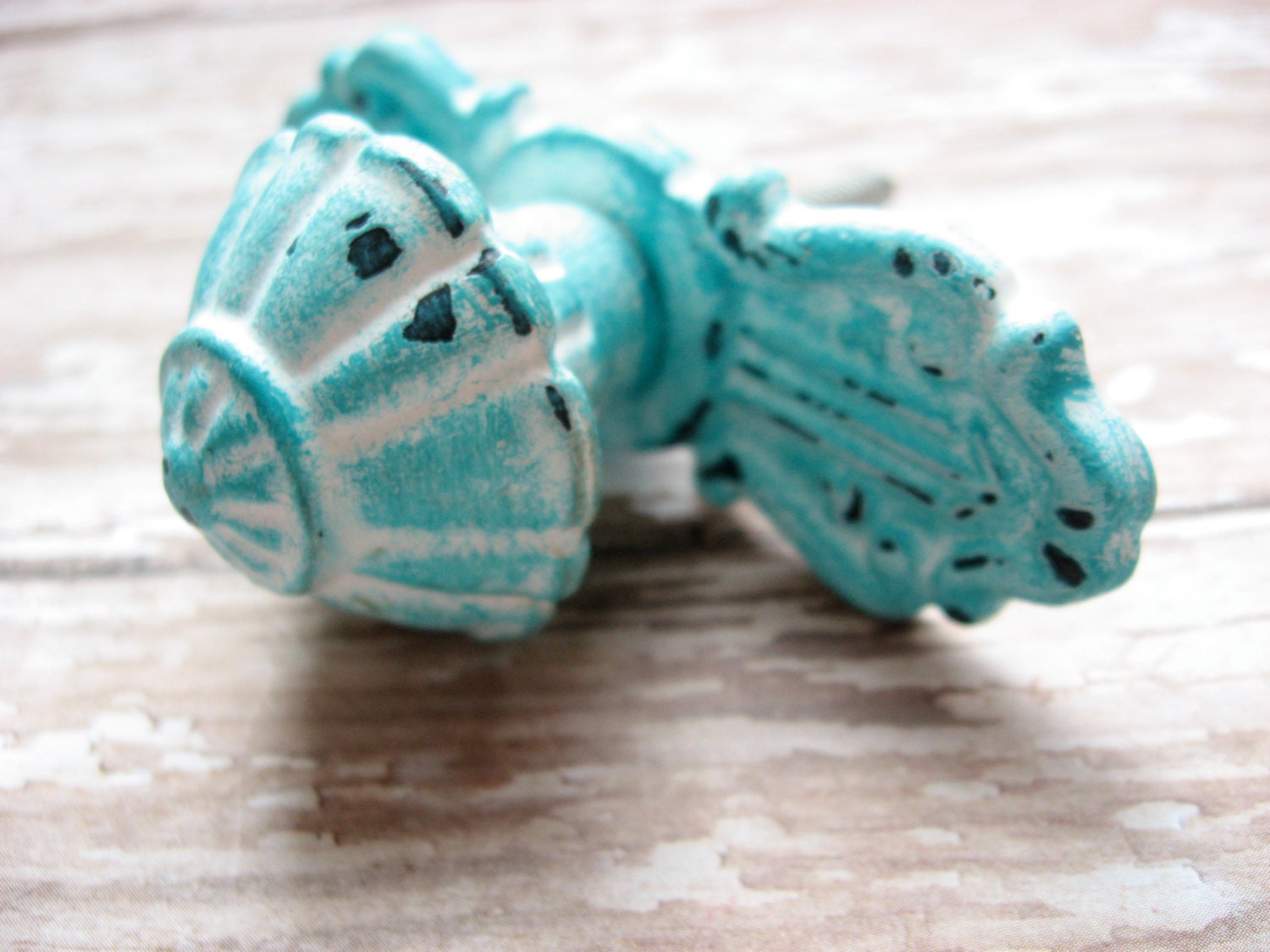 Set of 2 Shabby Chic Distressed Turquoise and White Vintage Style Knobs or Pulls for Dressers or Cabinets