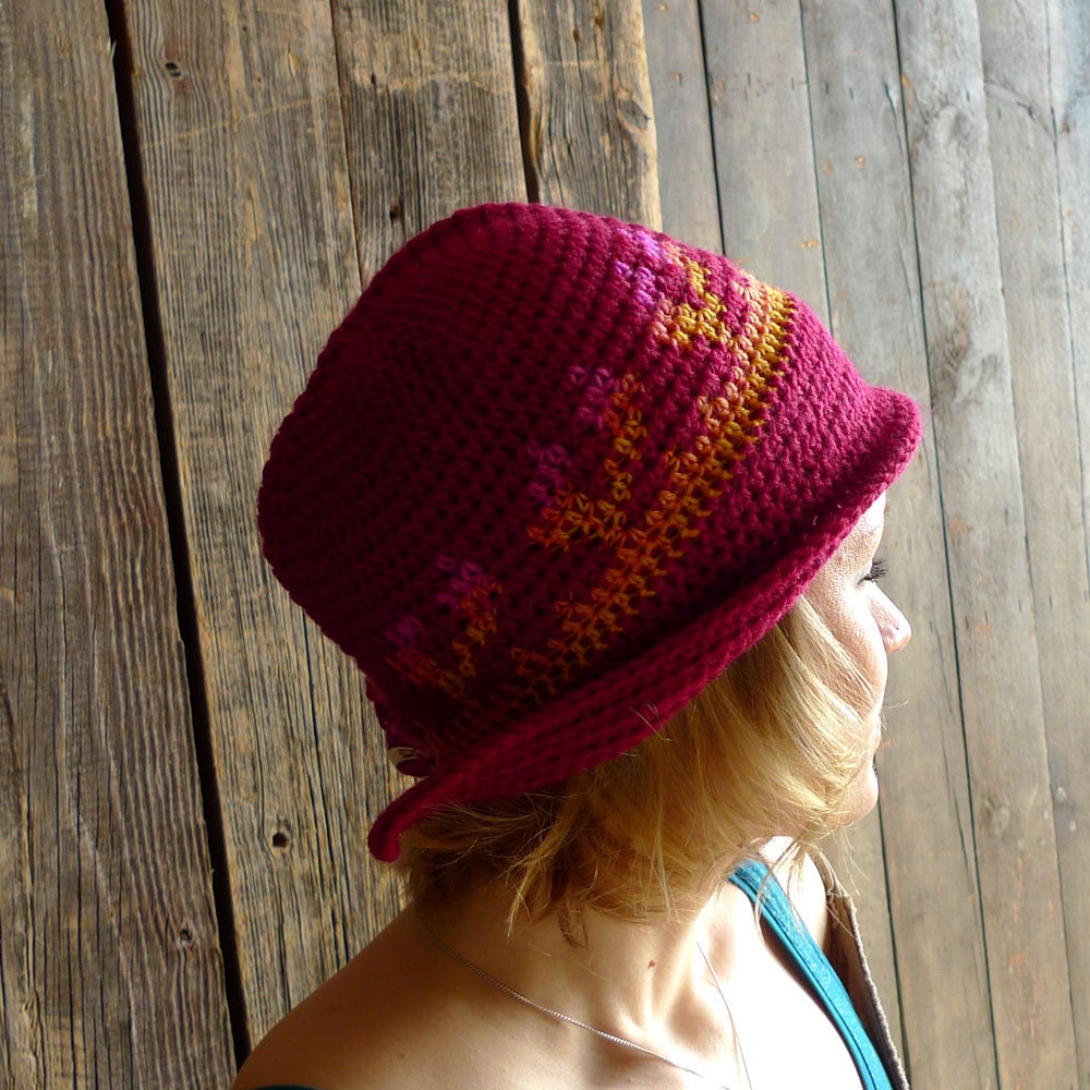 Red Earflap Hat, Crochet Brim Hat, Cloche, Wool Beanie, Folk Winter Accessories - Tapestry Crochet - Yellow Pink Ombre - Women Adult