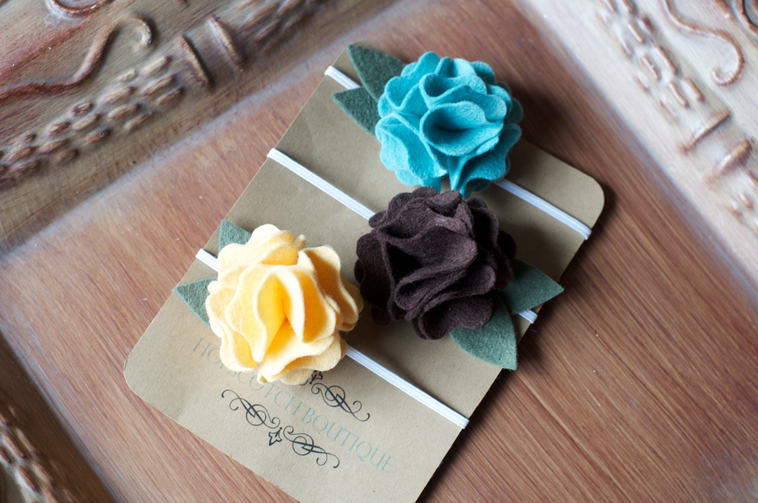 Anika Trio Felt Flower Headbands Teal, Yellow and Brown Pink Newborn, Girl, Toddler, Adult