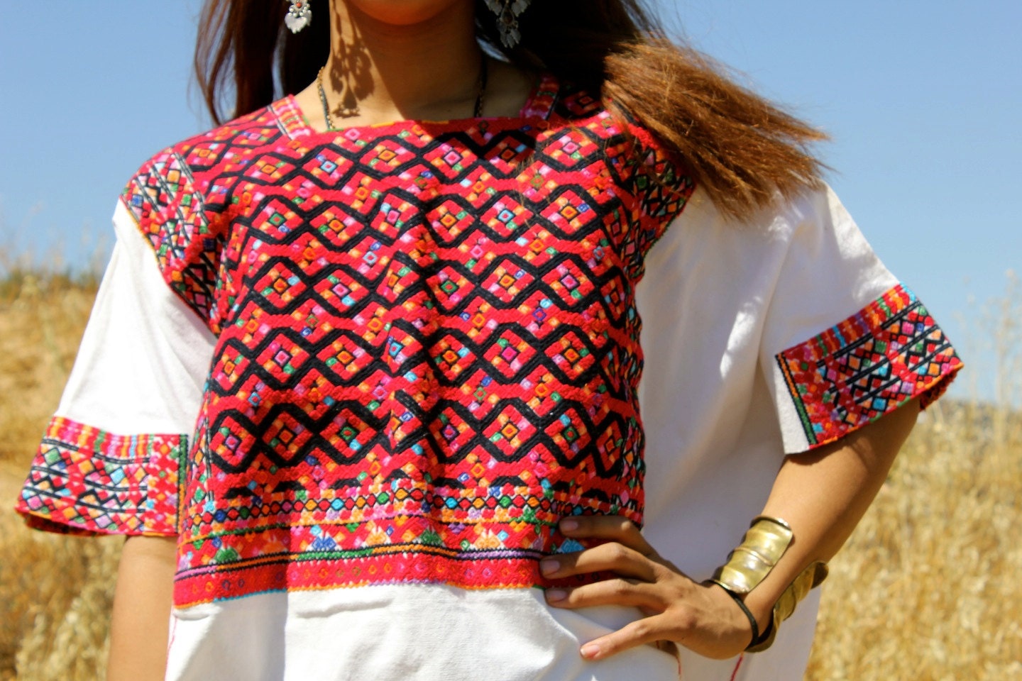 Stunning & Detailed Folk Art Gypsy Hand Embroidered Huipil Poncho Circa 1940s 1950s