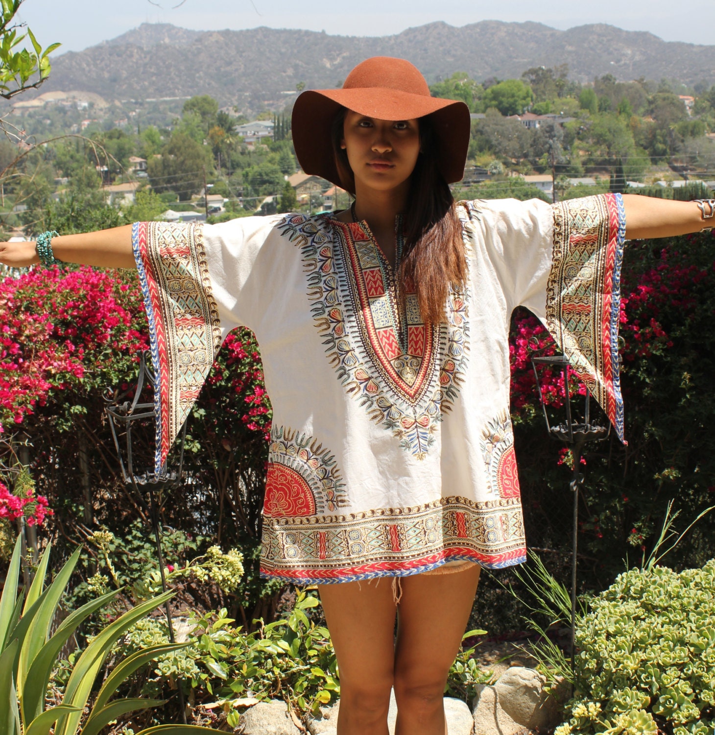 Large Authentic 70s Vintage Bohemian Gypsy Dashiki Tunic FULL Angel Sleeves
