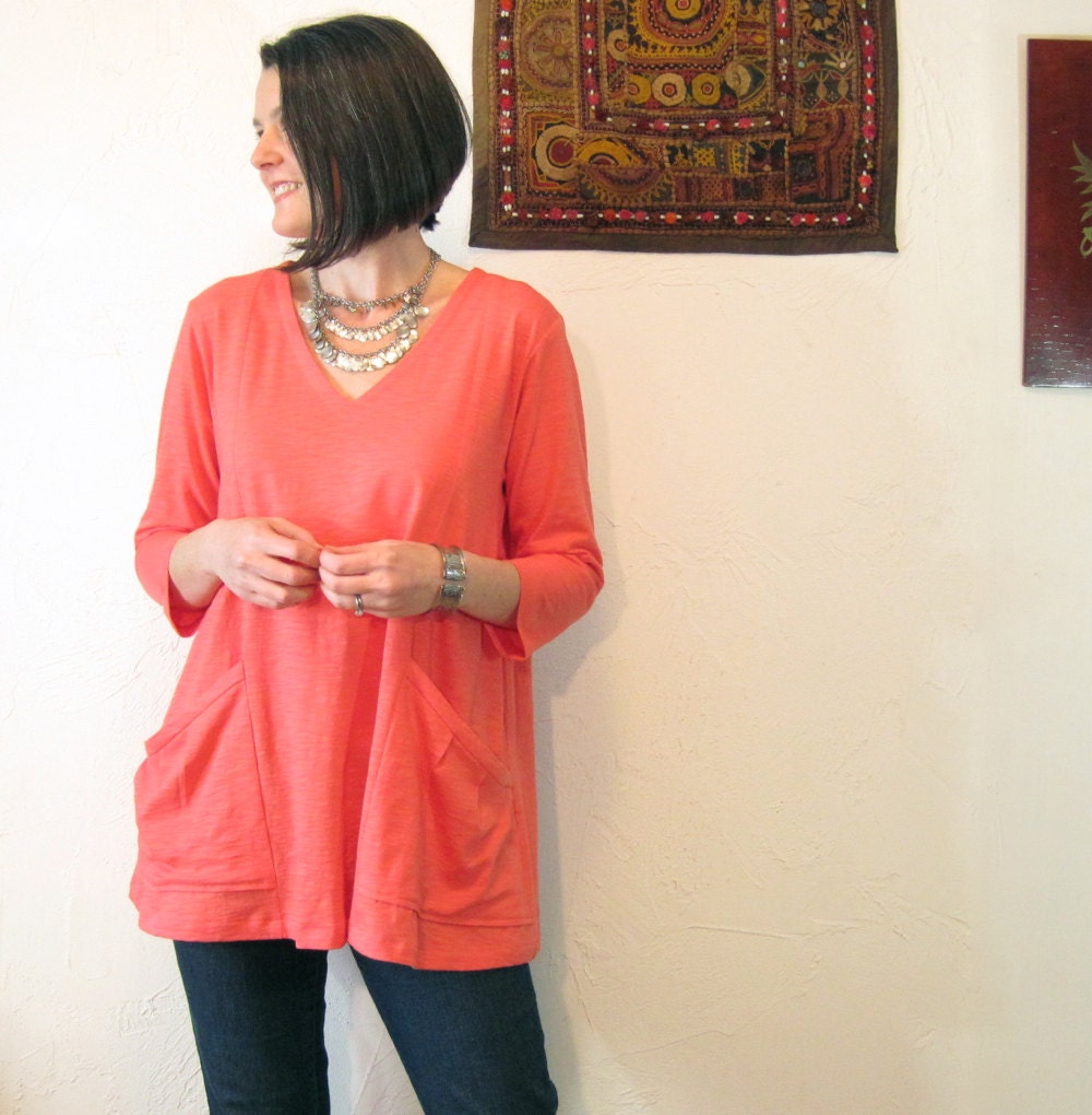 Tunic - Coral Cotton Slub Knit - Oversized with Pockets