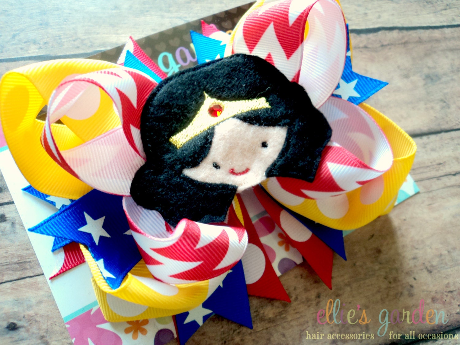 M2M Embroidered  Wonder Woman Cutie Center Boutique Style Hair Bow Yellow Royal Blue Red